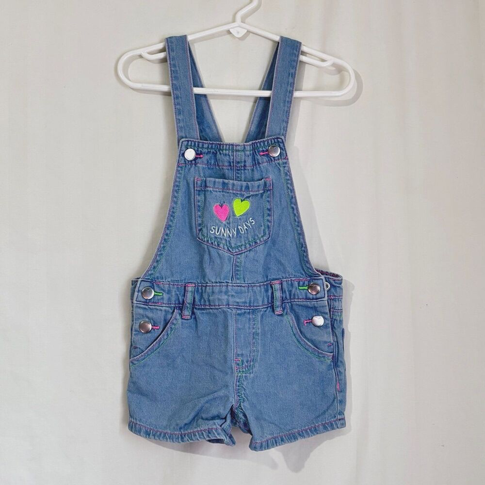 365 Kids by Garanimals Denim Shortalls Size 4 EUC Girls Sunny Days Hearts